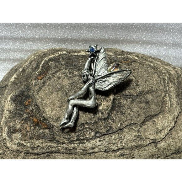 Vintage Pewter Mythical Fairy Pendant Holding Star w Blue Crystal AB Wings - Picture 5 of 5
